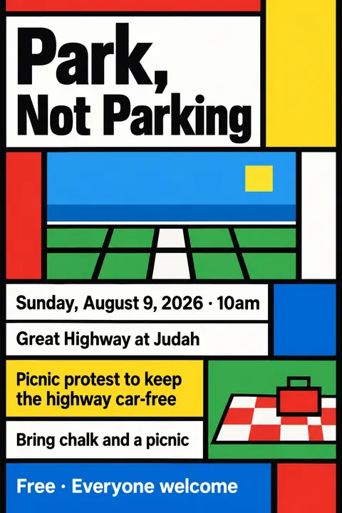 De Stijl style event poster for a fictional protest: Park, Not Parking