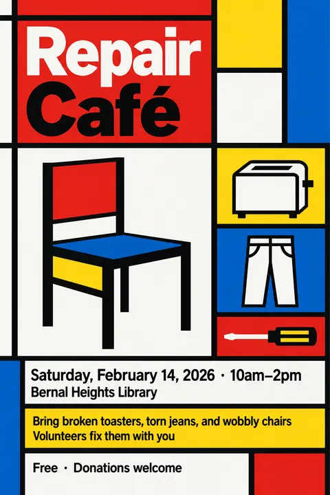 De Stijl style poster for a fictional event called Repair Café