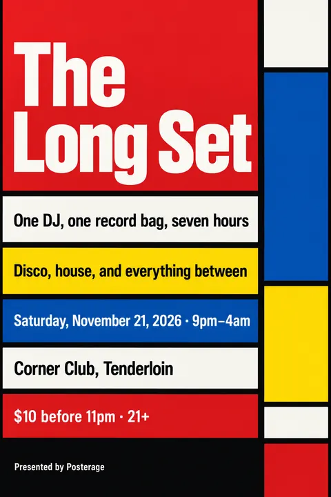 De Stijl style poster for a fictional event called The Long Set