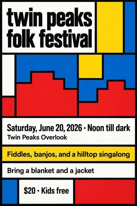 De Stijl style event poster for a fictional festival: Twin Peaks Folk Festival