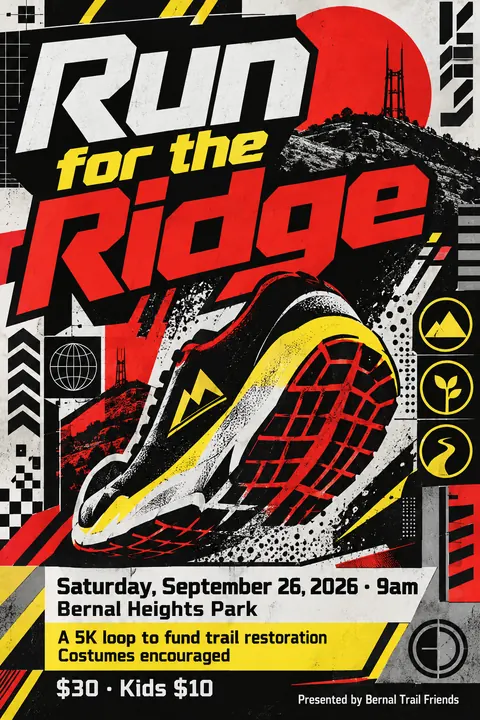Designers Republic style event poster for a fictional fundraiser: Run for the Ridge