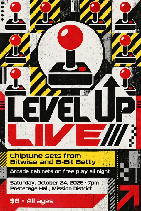 Designers Republic style poster for a fictional event called Level Up Live