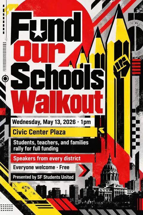Designers Republic style event poster for a fictional protest: Fund Our Schools Walkout