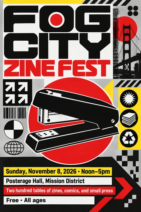 Designers Republic style poster for a fictional event called Fog City Zine Fest