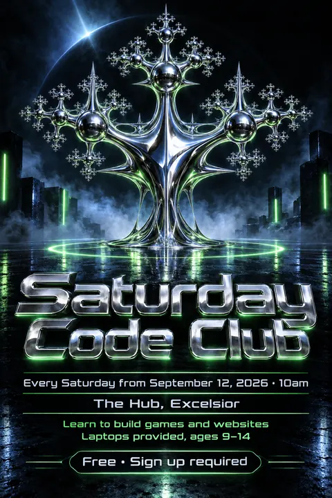 90s Drum and Bass Flyer style poster for a fictional event called Saturday Code Club