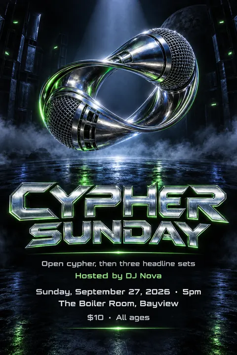 90s Drum and Bass Flyer style poster for a fictional event called Cypher Sunday