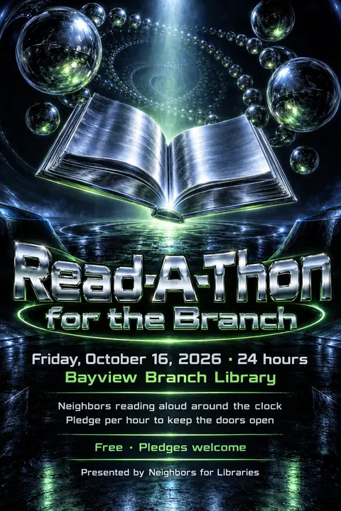90s Drum and Bass Flyer style event poster for a fictional fundraiser: Read-A-Thon for the Branch