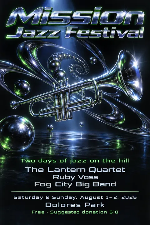 90s Drum and Bass Flyer style event poster for a fictional festival: Mission Jazz Festival