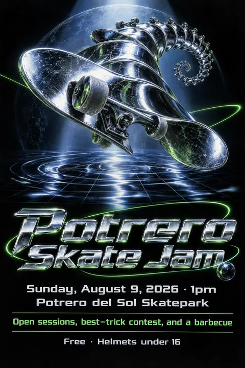90s Drum and Bass Flyer style poster for a fictional event called Potrero Skate Jam