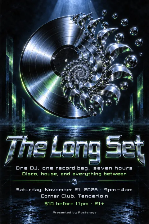 90s Drum and Bass Flyer style poster for a fictional event called The Long Set