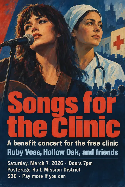 East German DEFA Film Poster style event poster for a fictional fundraiser: Songs for the Clinic