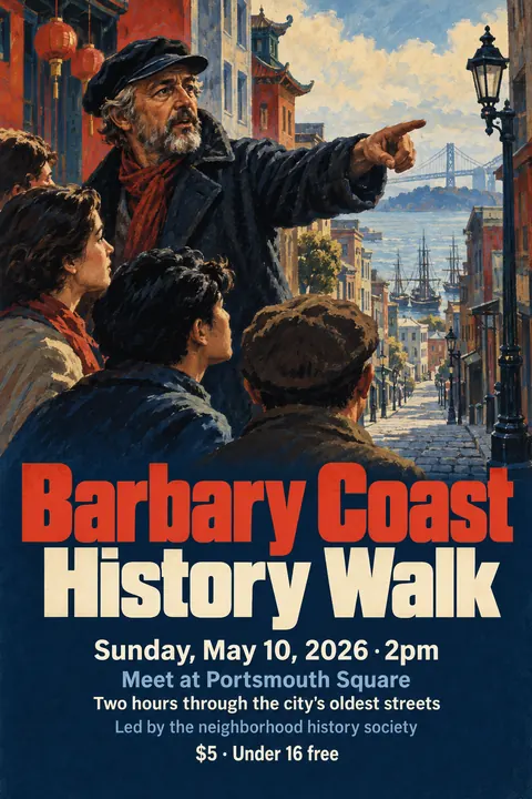 East German DEFA Film Poster style poster for a fictional event called Barbary Coast History Walk