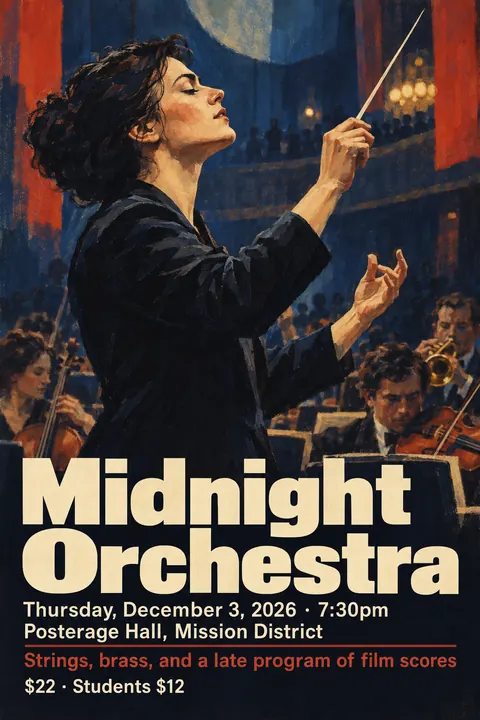 East German DEFA Film Poster style poster for a fictional event called Midnight Orchestra