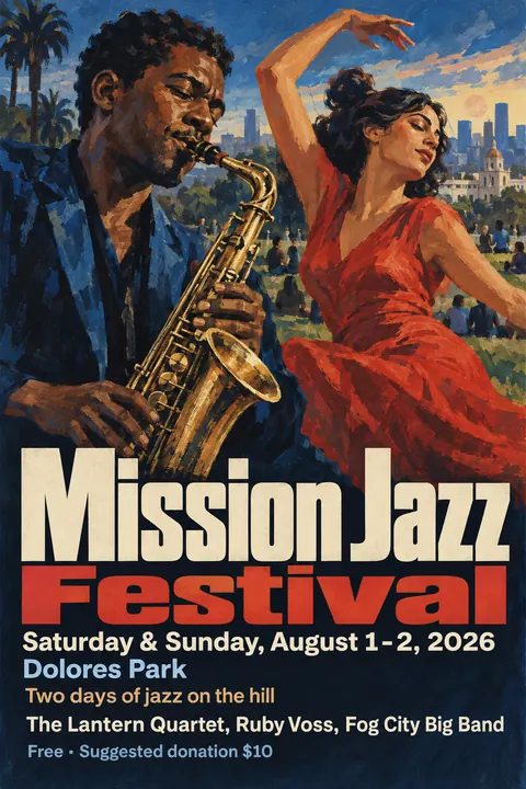 East German DEFA Film Poster style event poster for a fictional festival: Mission Jazz Festival