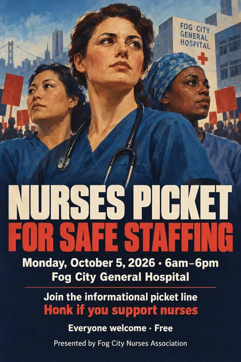 East German DEFA Film Poster style event poster for a fictional protest: Nurses Picket for Safe Staffing