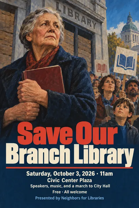 East German DEFA Film Poster style poster for a fictional event called Save Our Branch Library