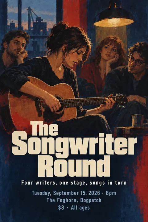 East German DEFA Film Poster style poster for a fictional event called The Songwriter Round