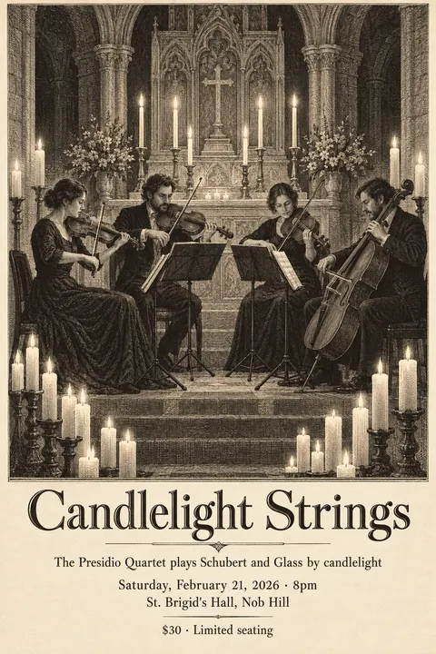 Etching / Engraving style poster for a fictional event called Candlelight Strings