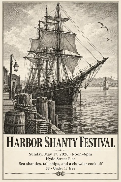 Etching / Engraving style event poster for a fictional festival: Harbor Shanty Festival