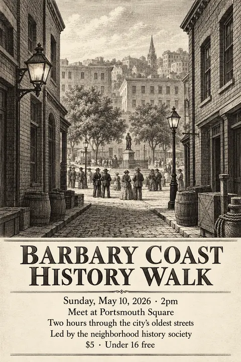 Etching / Engraving style poster for a fictional event called Barbary Coast History Walk