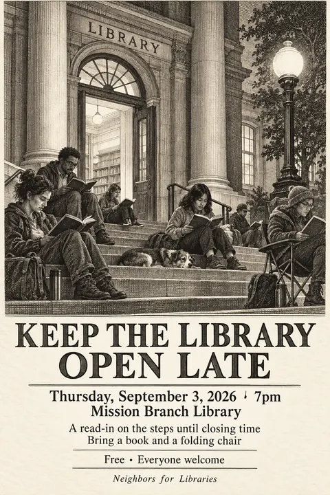 Etching / Engraving style event poster for a fictional protest: Keep the Library Open Late