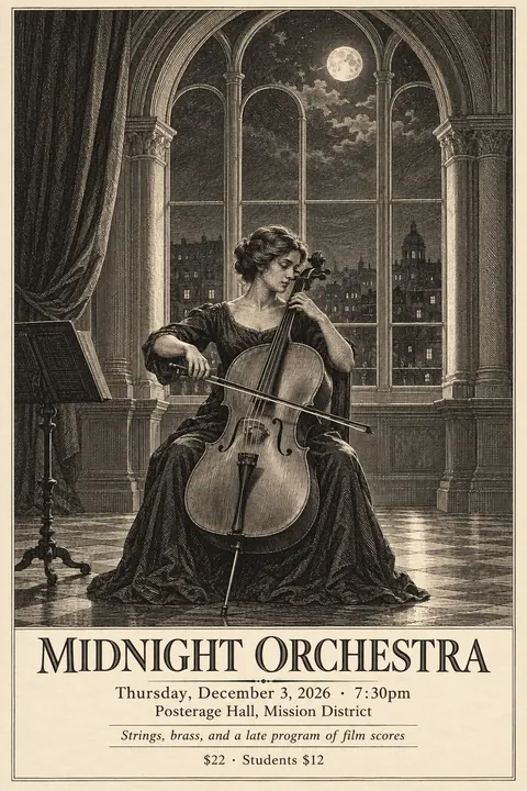 Etching / Engraving style poster for a fictional event called Midnight Orchestra