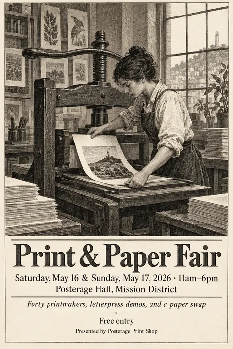 Etching / Engraving style poster for a fictional event called Print & Paper Fair