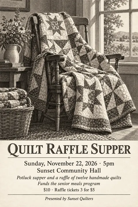 Etching / Engraving style event poster for a fictional fundraiser: Quilt Raffle Supper