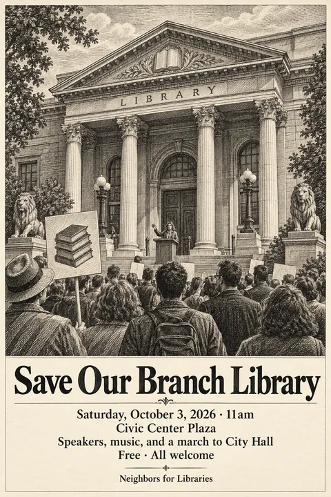 Etching / Engraving style poster for a fictional event called Save Our Branch Library
