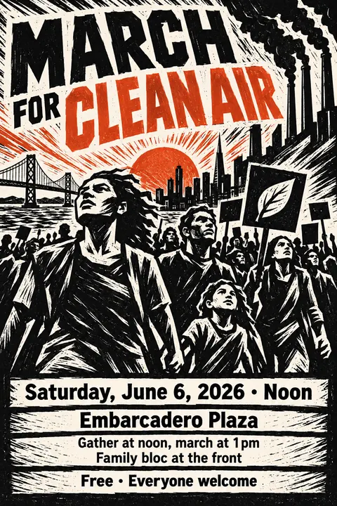 Expressionist Woodcut style poster for a fictional event called March for Clean Air