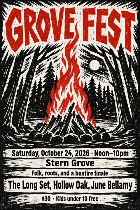 Expressionist Woodcut style event poster for a fictional festival: Grove Fest