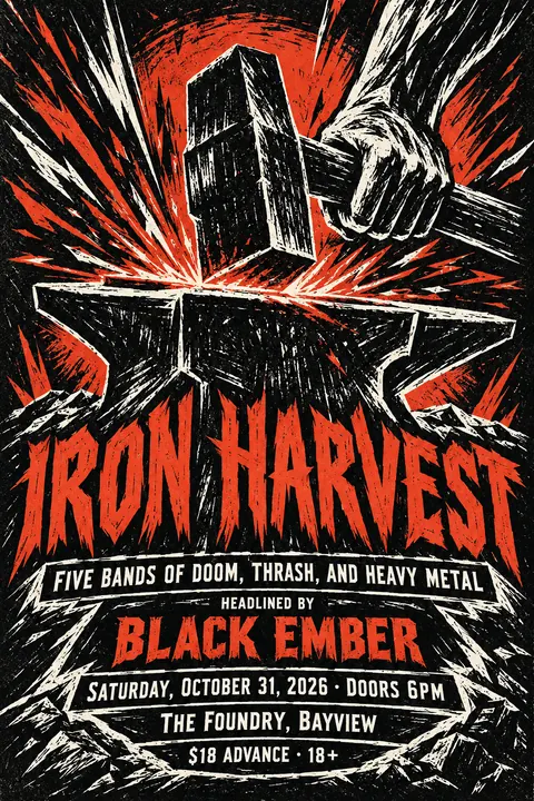 Expressionist Woodcut style poster for a fictional event called Iron Harvest