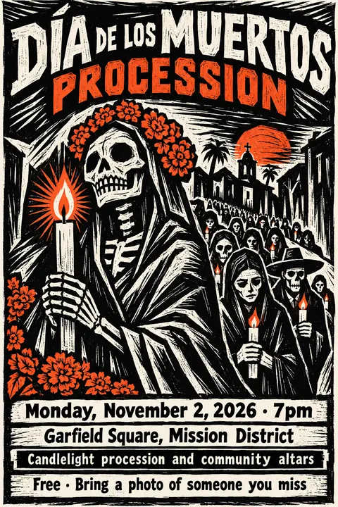 Expressionist Woodcut style poster for a fictional event called Día de los Muertos Procession