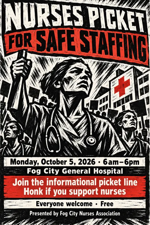 Expressionist Woodcut style event poster for a fictional protest: Nurses Picket for Safe Staffing