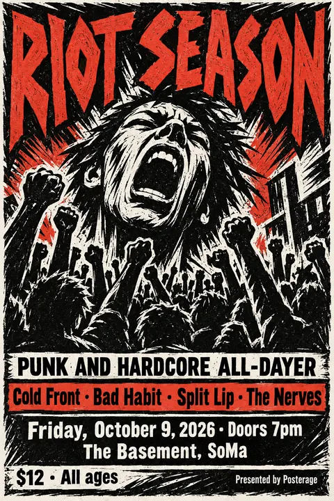 Expressionist Woodcut style poster for a fictional event called Riot Season