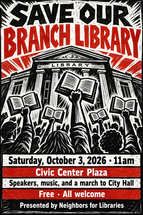 Expressionist Woodcut style poster for a fictional event called Save Our Branch Library