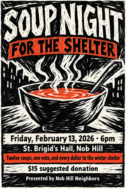 Expressionist Woodcut style event poster for a fictional fundraiser: Soup Night for the Shelter