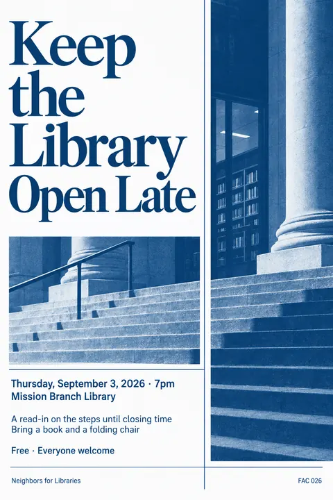 Factory Records / Haçienda style event poster for a fictional protest: Keep the Library Open Late