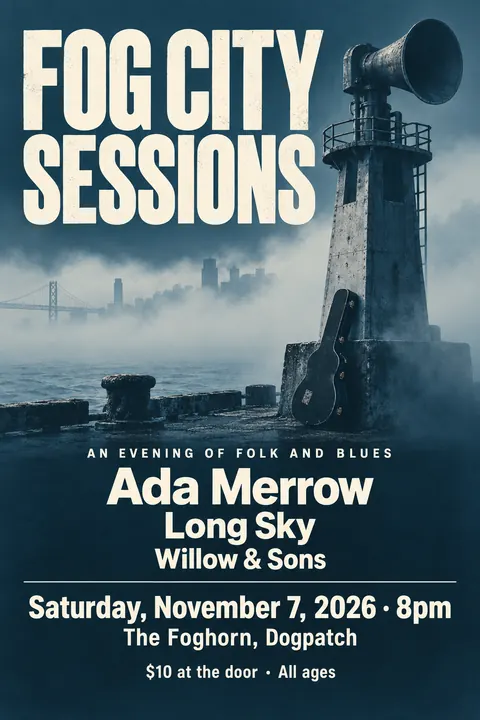 Festival Indie Lineup style poster for a fictional event called Fog City Sessions