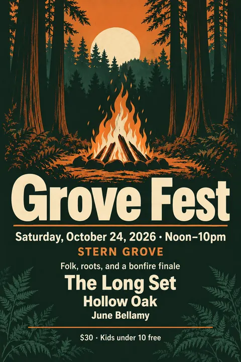 Festival Indie Lineup style event poster for a fictional festival: Grove Fest