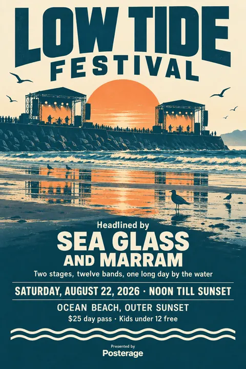 Festival Indie Lineup style poster for a fictional event called Low Tide Festival