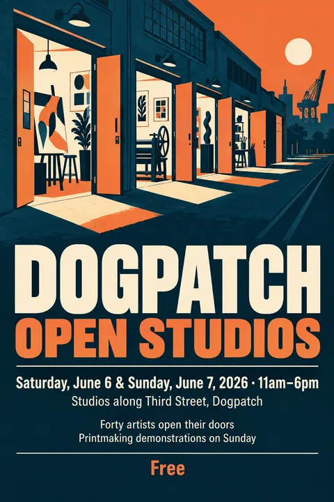 Festival Indie Lineup style poster for a fictional event called Dogpatch Open Studios