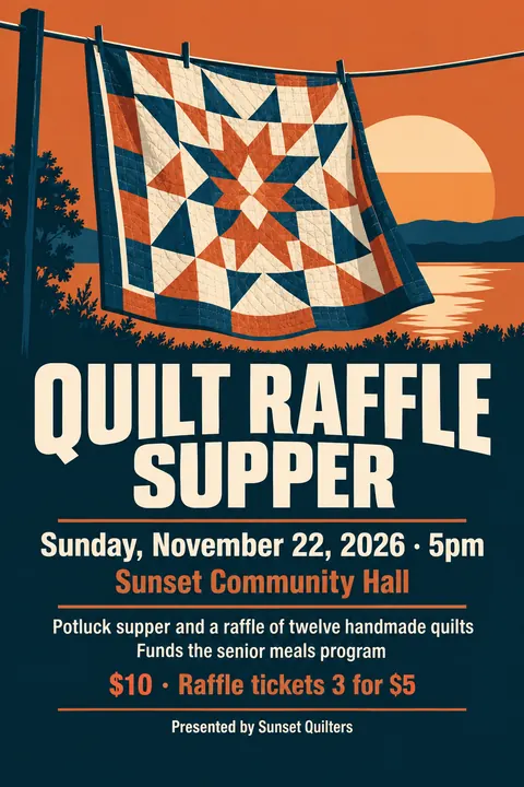 Festival Indie Lineup style event poster for a fictional fundraiser: Quilt Raffle Supper