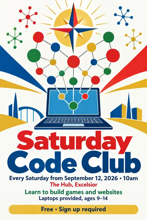 Festival of Britain style poster for a fictional event called Saturday Code Club