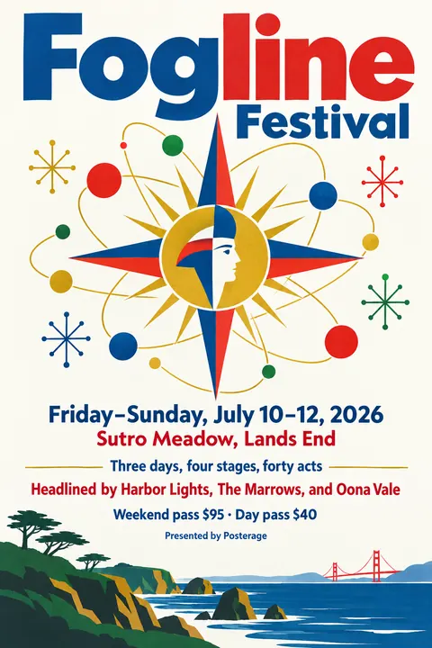 Festival of Britain style event poster for a fictional festival: Fogline Festival