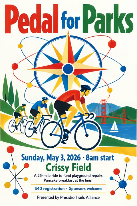 Festival of Britain style event poster for a fictional fundraiser: Pedal for Parks