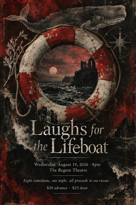4AD Records style event poster for a fictional fundraiser: Laughs for the Lifeboat