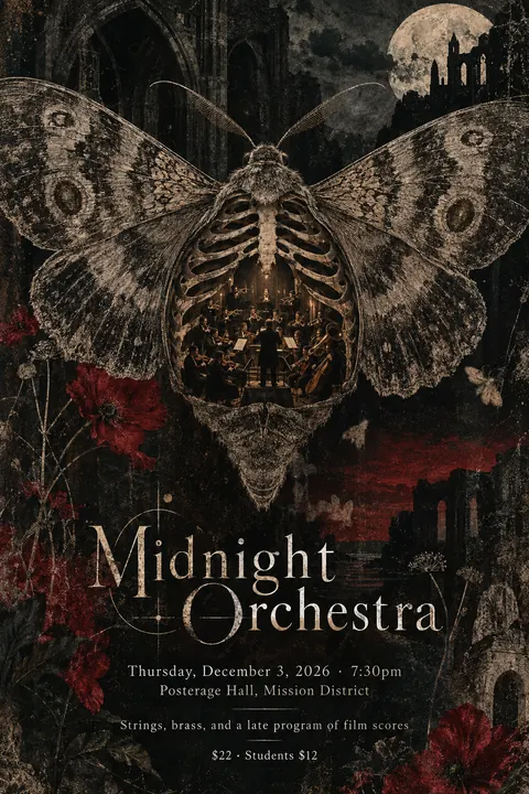 4AD Records style poster for a fictional event called Midnight Orchestra