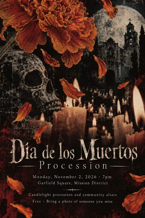 4AD Records style poster for a fictional event called Día de los Muertos Procession