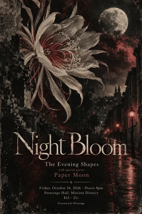 4AD Records style poster for a fictional event called Night Bloom